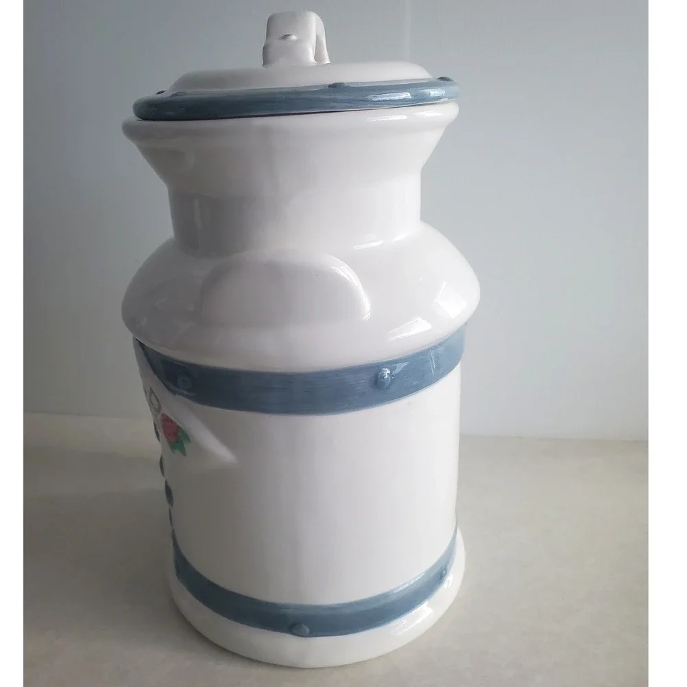 Jay Import Co Cookie Jar White Blue Heart Rose Milk Can Vintage Country Large